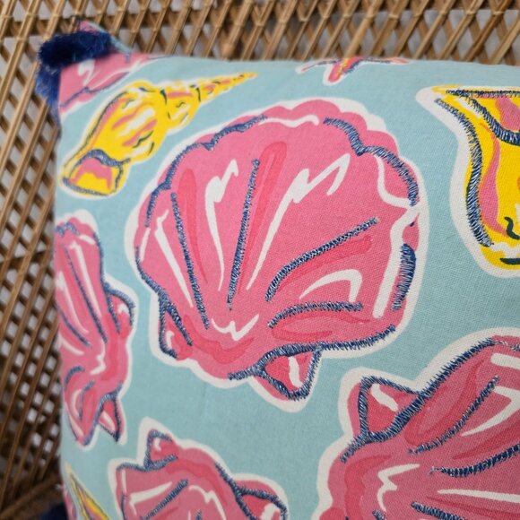 Seashell Coastal Throw Pillow With Blue Tassels & Seafoam Background 18" thrown - Picture 7 of 8